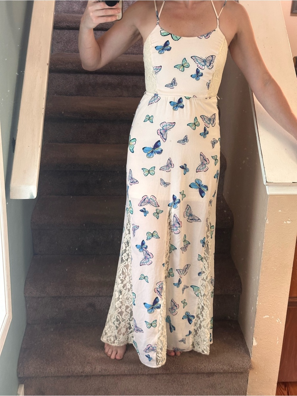 Candie's Cream Maxi Dress with Blue & Green Butterfly Print